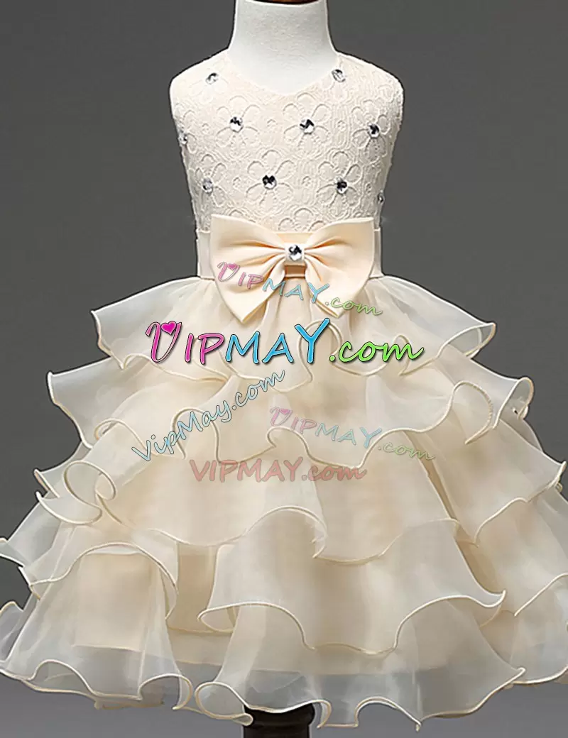 Delicate Champagne A-line Scoop Sleeveless Organza Mini Length Zipper Beading and Ruffled Layers Flower Girl Dress