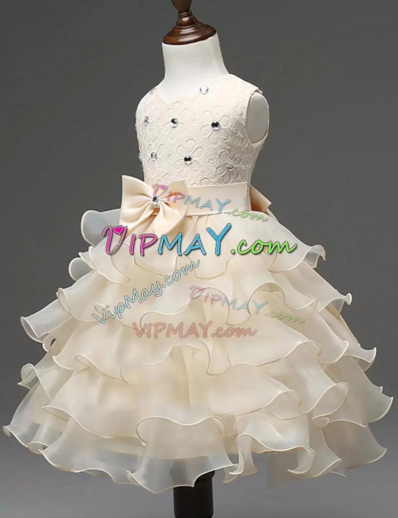 Delicate Champagne A-line Scoop Sleeveless Organza Mini Length Zipper Beading and Ruffled Layers Flower Girl Dress