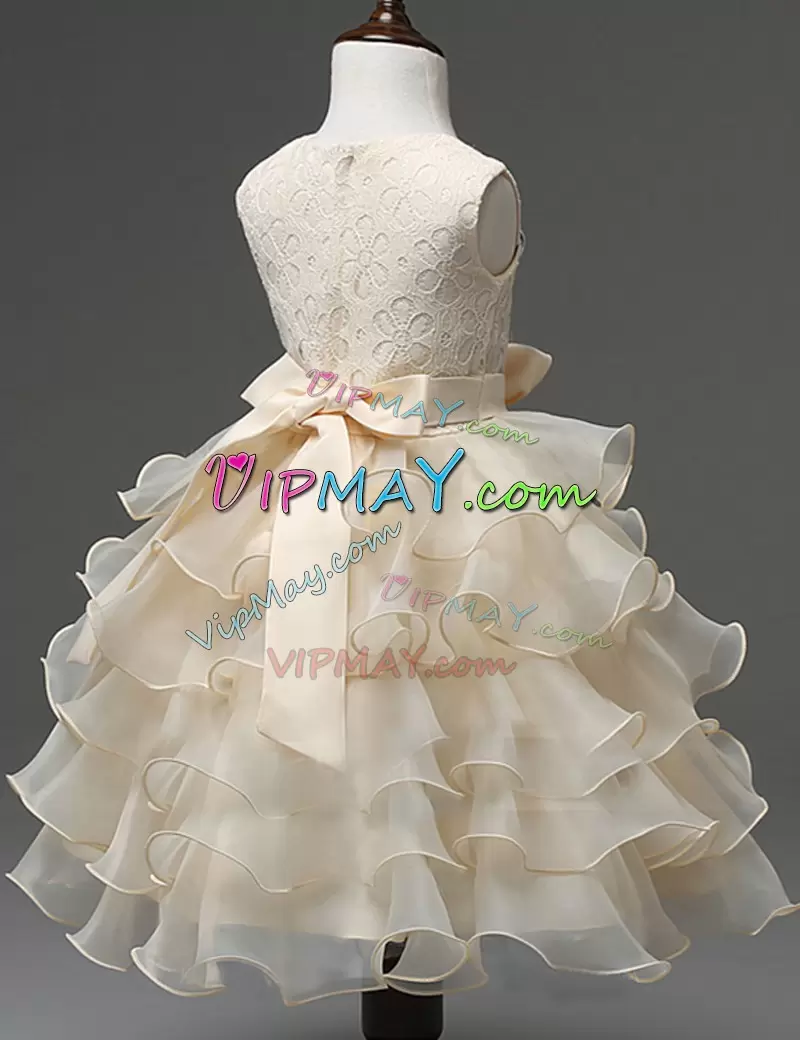 Delicate Champagne A-line Scoop Sleeveless Organza Mini Length Zipper Beading and Ruffled Layers Flower Girl Dress