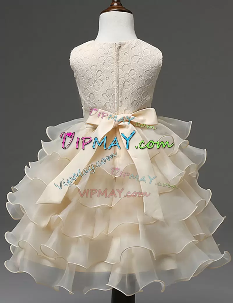 Delicate Champagne A-line Scoop Sleeveless Organza Mini Length Zipper Beading and Ruffled Layers Flower Girl Dress