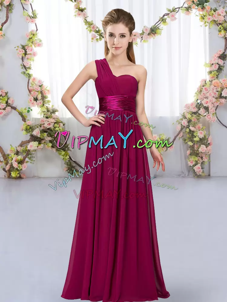 Fuchsia Lace Up One Shoulder Belt Bridesmaids Dress Chiffon Sleeveless