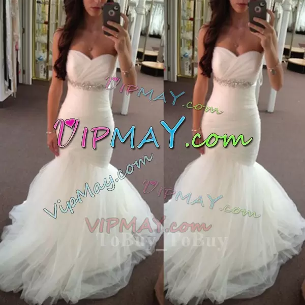 White Lace Up Sweetheart Beading and Ruching Wedding Gowns Tulle Sleeveless