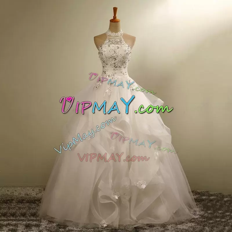 High Quality White Wedding Dresses Wedding Party with Beading and Appliques and Ruffles Halter Top Sleeveless Lace Up