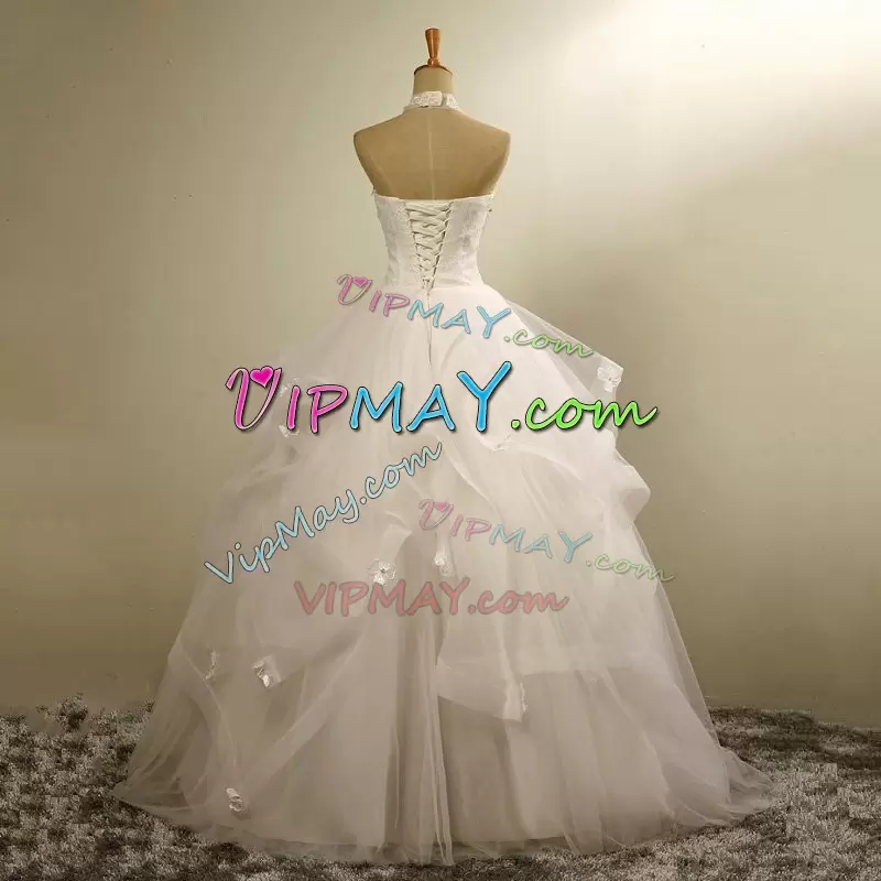 High Quality White Wedding Dresses Wedding Party with Beading and Appliques and Ruffles Halter Top Sleeveless Lace Up