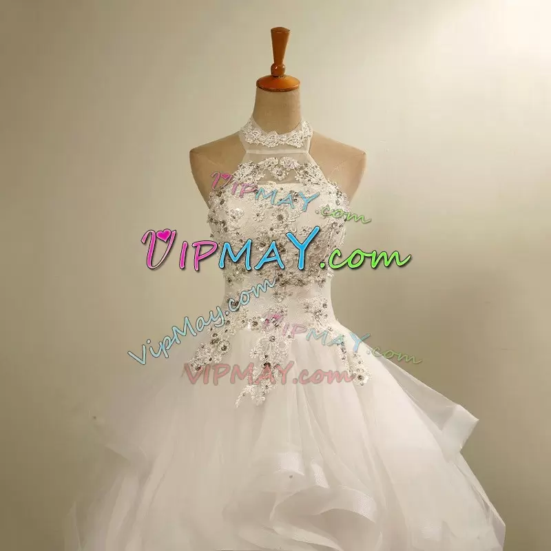 High Quality White Wedding Dresses Wedding Party with Beading and Appliques and Ruffles Halter Top Sleeveless Lace Up