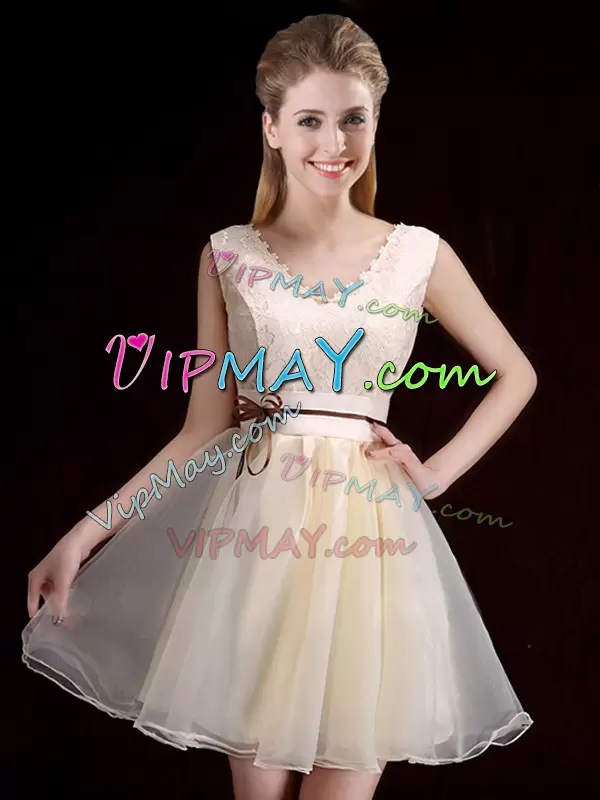 Lovely Sleeveless V-neck Lace and Appliques and Belt Lace Up Quinceanera Dama Dress
