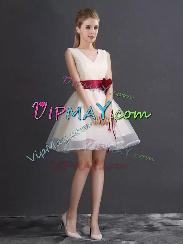 Sleeveless V-neck Lace Up Mini Length Hand Made Flower Wedding Party Dress V-neck