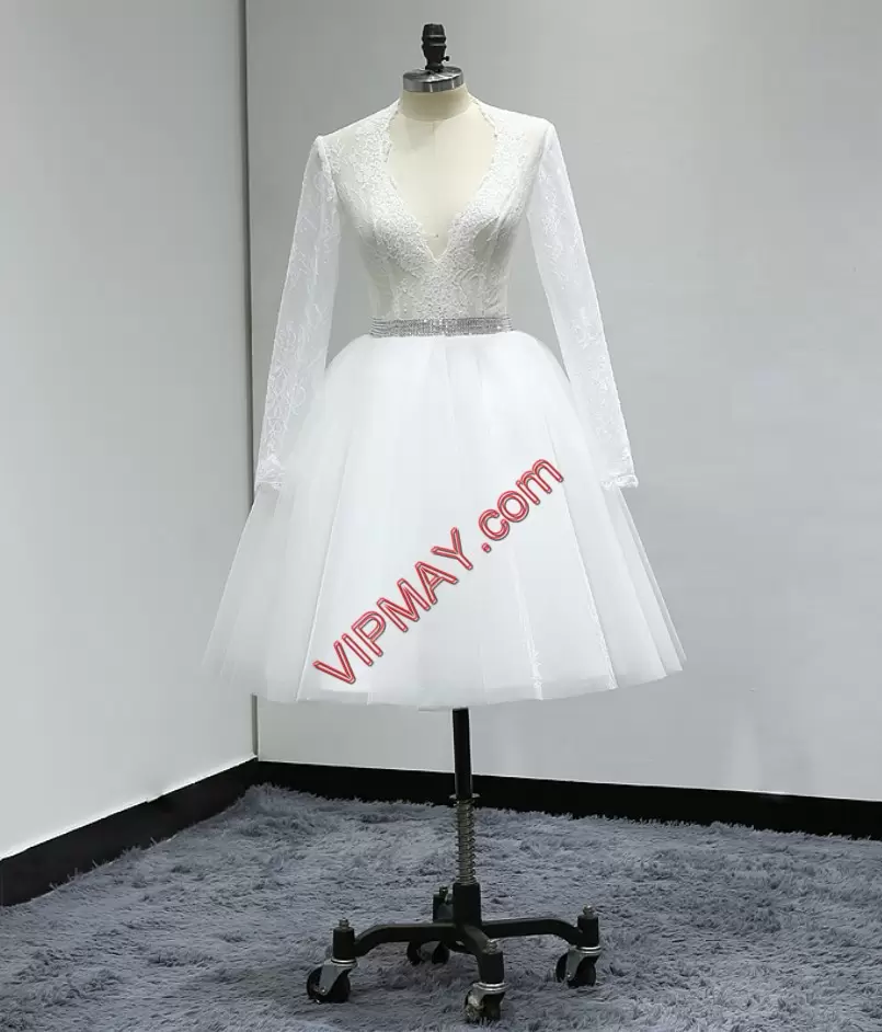 Popular White A-line Tulle V-neck Long Sleeves Beading and Lace and Belt Knee Length Lace Up Wedding Gown