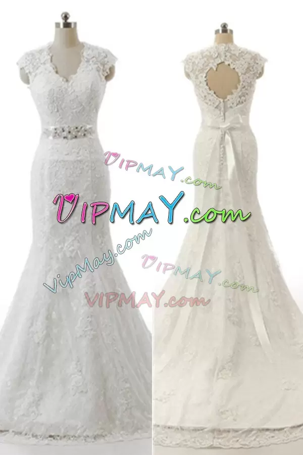 With Train Mermaid Cap Sleeves White Bridal Gown Sweep Train Zipper