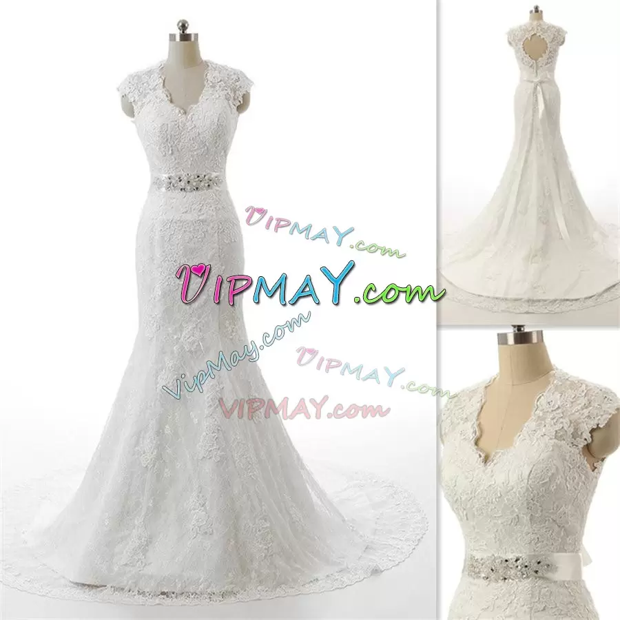 With Train Mermaid Cap Sleeves White Bridal Gown Sweep Train Zipper