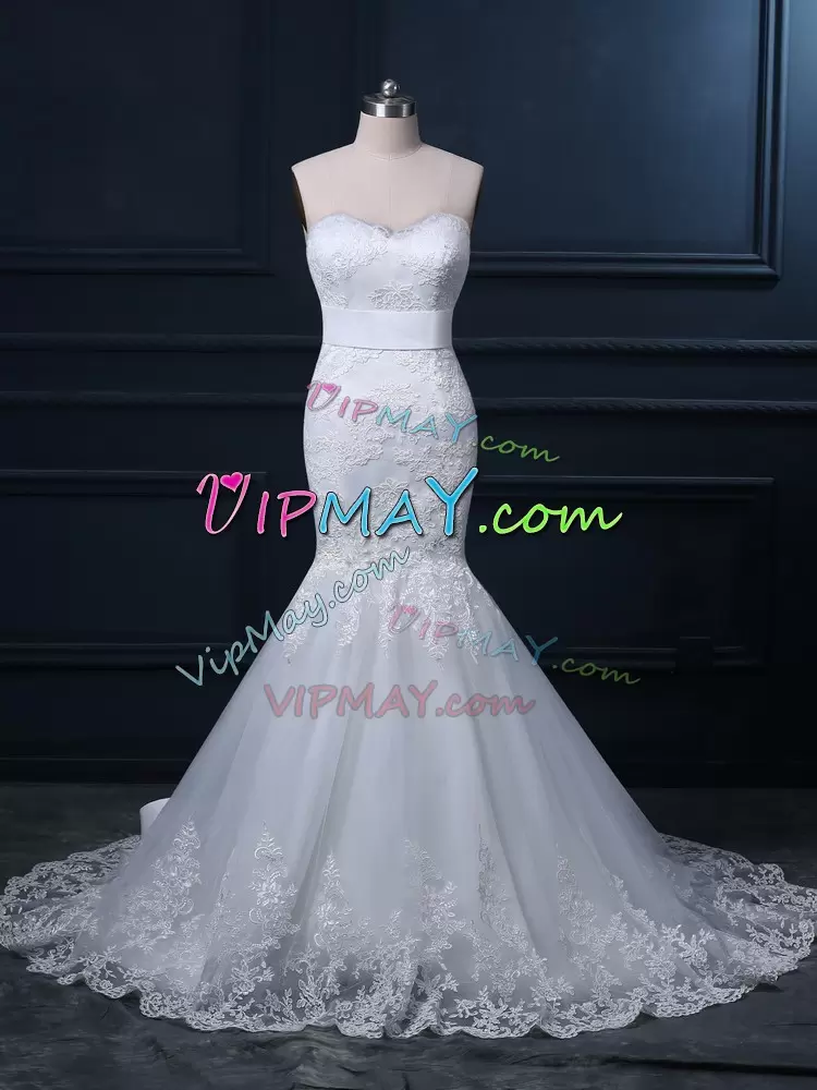 Edgy White Mermaid Tulle Sweetheart Sleeveless Lace Zipper Bridal Gown Brush Train