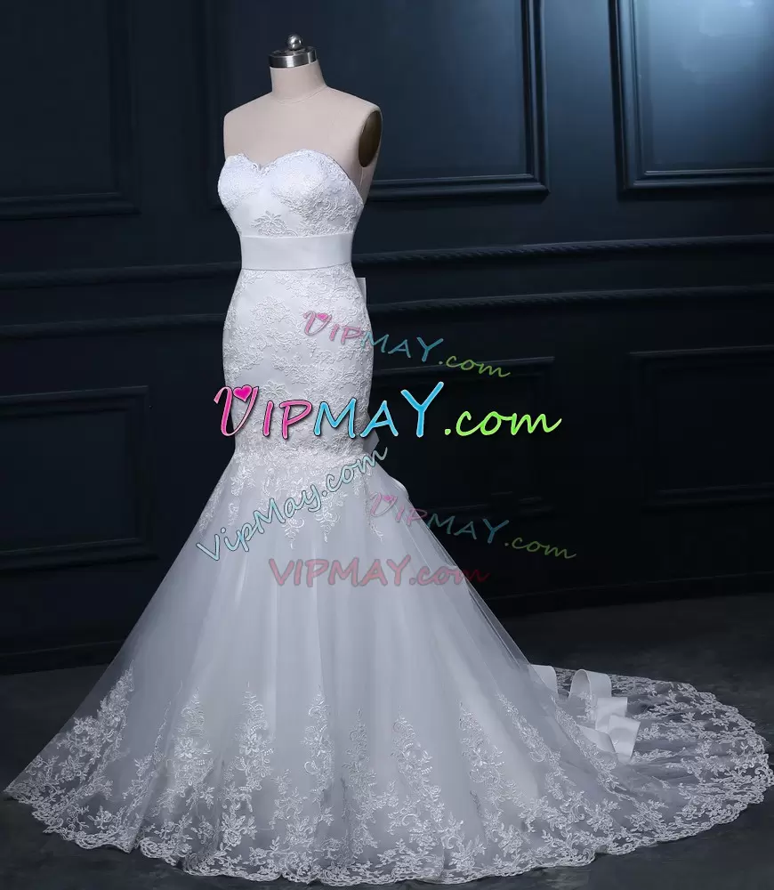 Edgy White Mermaid Tulle Sweetheart Sleeveless Lace Zipper Bridal Gown Brush Train