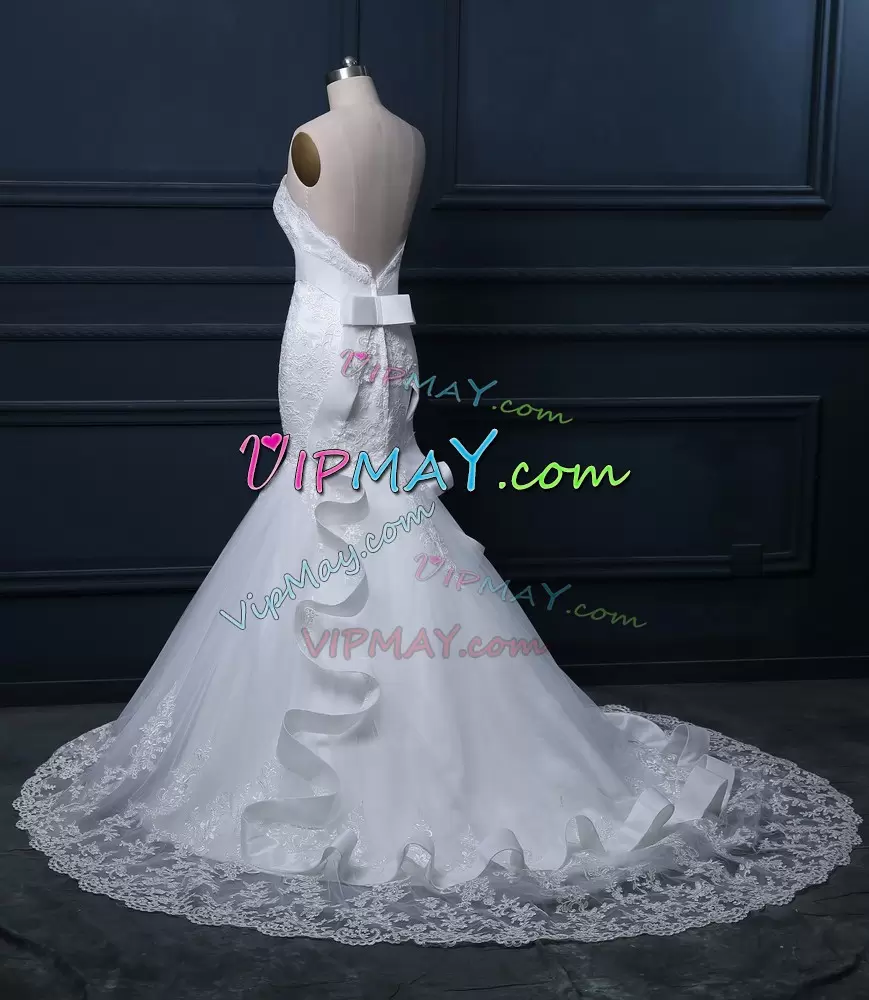 Edgy White Mermaid Tulle Sweetheart Sleeveless Lace Zipper Bridal Gown Brush Train