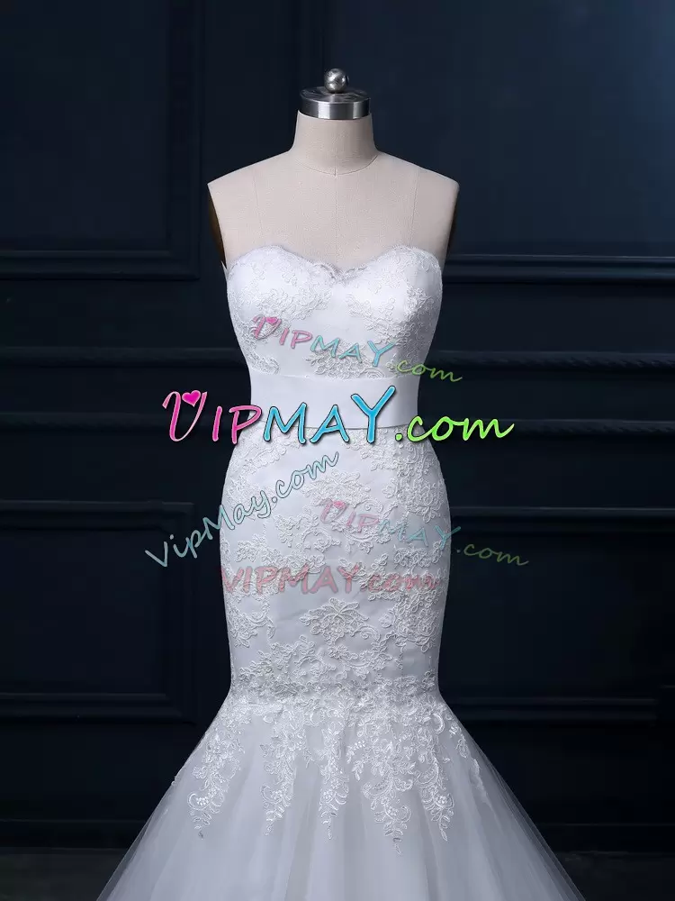 Edgy White Mermaid Tulle Sweetheart Sleeveless Lace Zipper Bridal Gown Brush Train