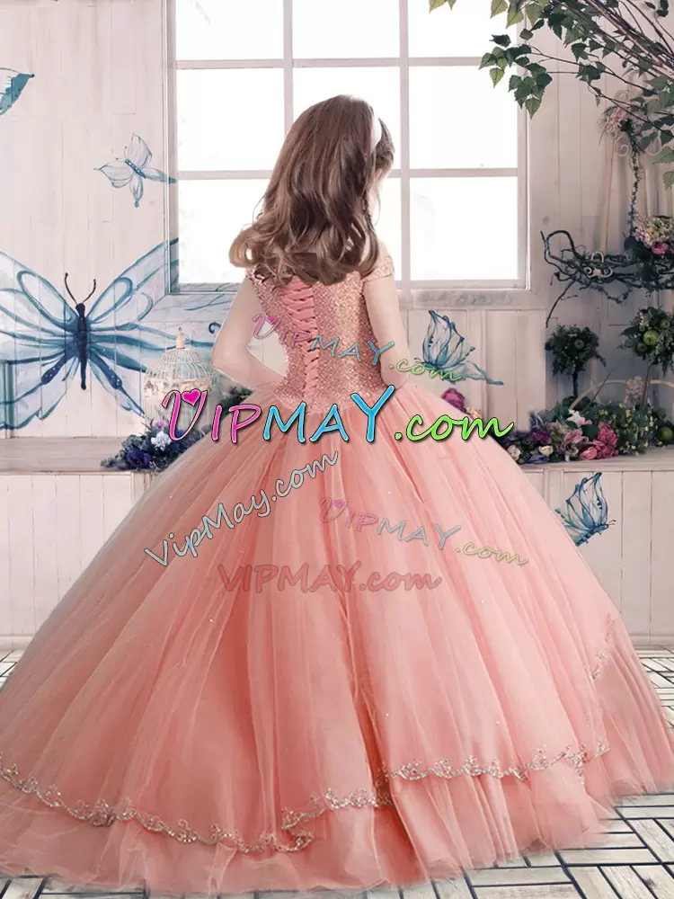 Trendy Off The Shoulder Sleeveless Tulle Pageant Dress Toddler Beading Lace Up