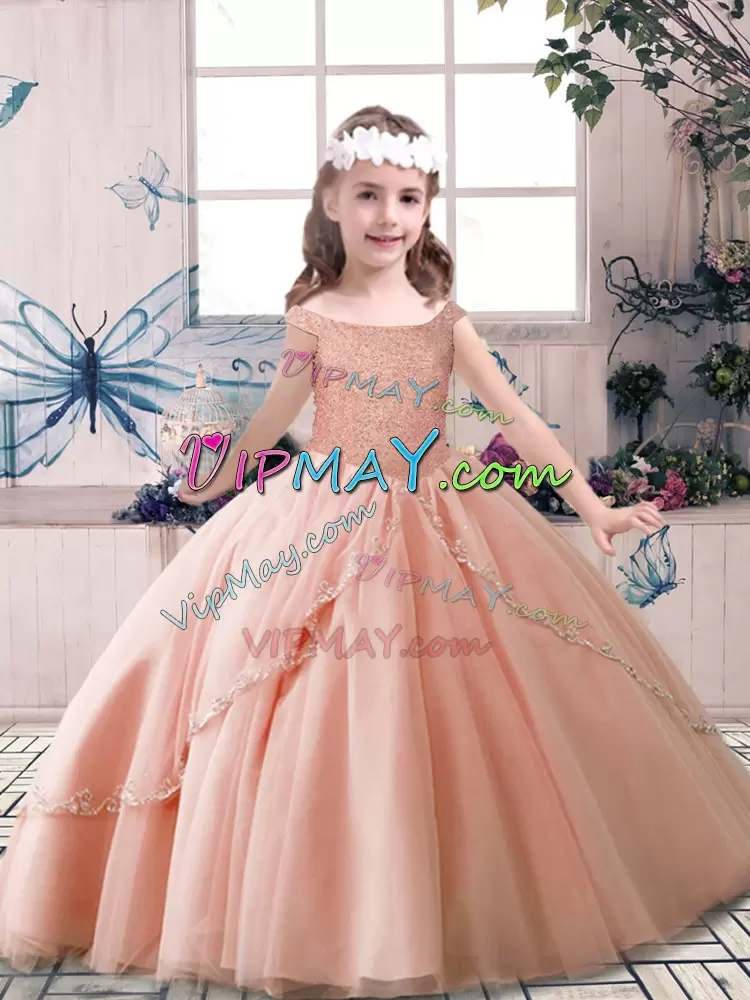 Trendy Off The Shoulder Sleeveless Tulle Pageant Dress Toddler Beading Lace Up