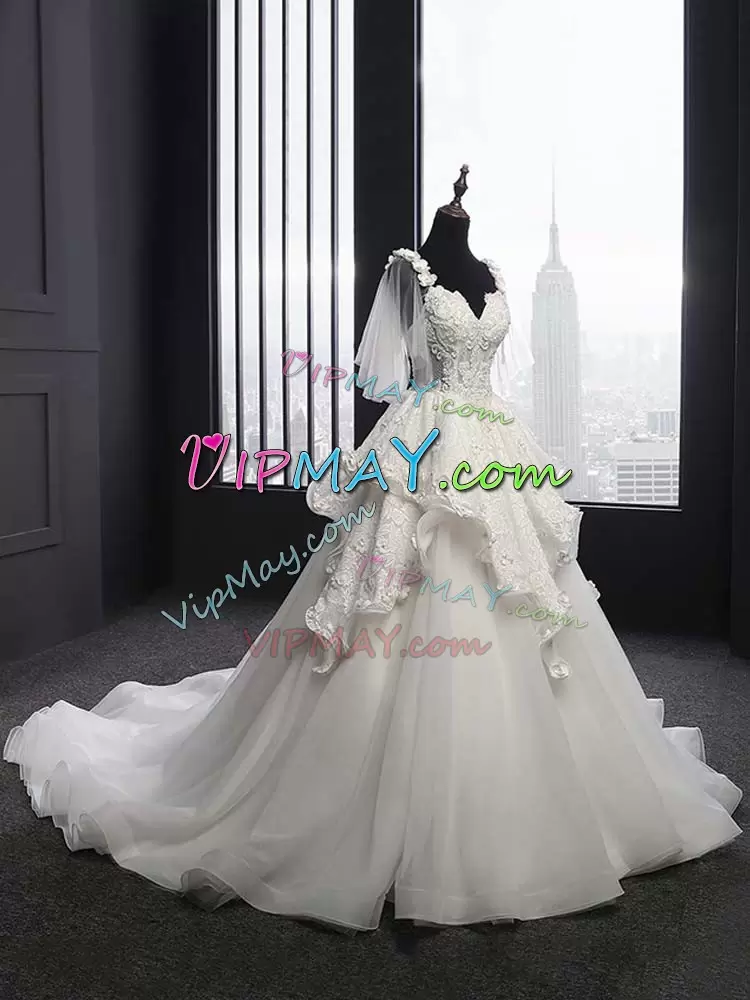 Enchanting White A-line Straps Sleeveless Organza Brush Train Lace Up Lace Wedding Gowns