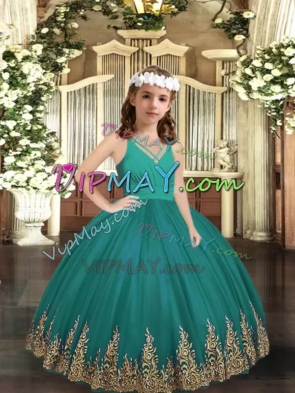 Top Selling V-neck Sleeveless Tulle Pageant Gowns Embroidery Zipper