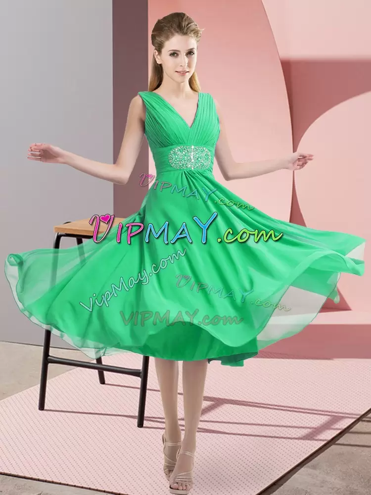 Charming Turquoise Empire V-neck Sleeveless Chiffon Knee Length Side Zipper Beading Dama Dress for Quinceanera