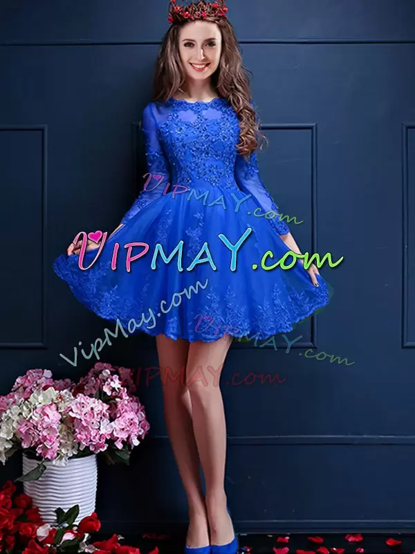 Exceptional Royal Blue A-line Scalloped 3 4 Length Sleeve Chiffon Mini Length Lace Up Beading and Lace and Appliques Bridesmaid Dresses