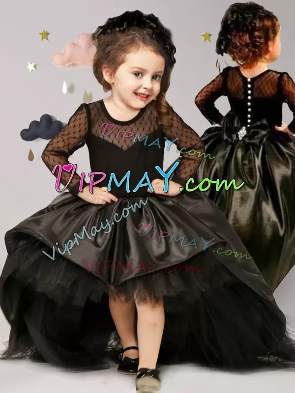 Black Scoop Clasp Handle Bowknot Toddler Flower Girl Dress Brush Train Long Sleeves