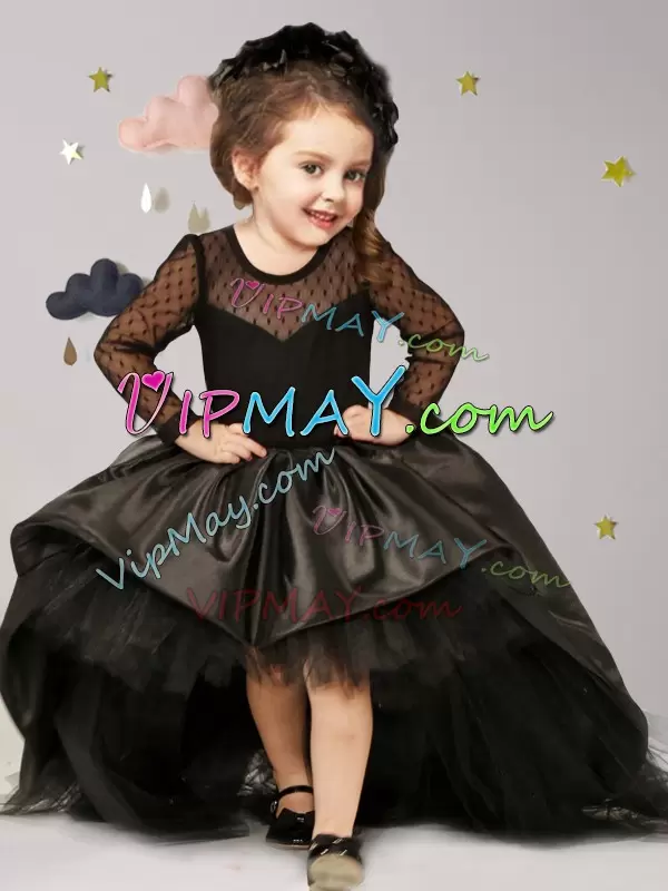 Black Scoop Clasp Handle Bowknot Toddler Flower Girl Dress Brush Train Long Sleeves