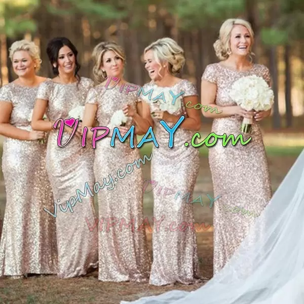 Pink and Gold Column Sheath Sequined Bateau Short Sleeves Sequins Floor Length Wedding Party Dress