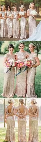 Pink and Gold Column Sheath Sequined Bateau Short Sleeves Sequins Floor Length Wedding Party Dress