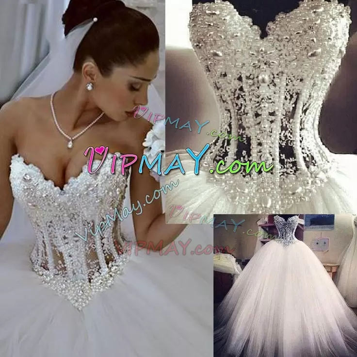 Ideal With Train White Wedding Gowns Sweetheart Sleeveless Chapel Train Lace Up