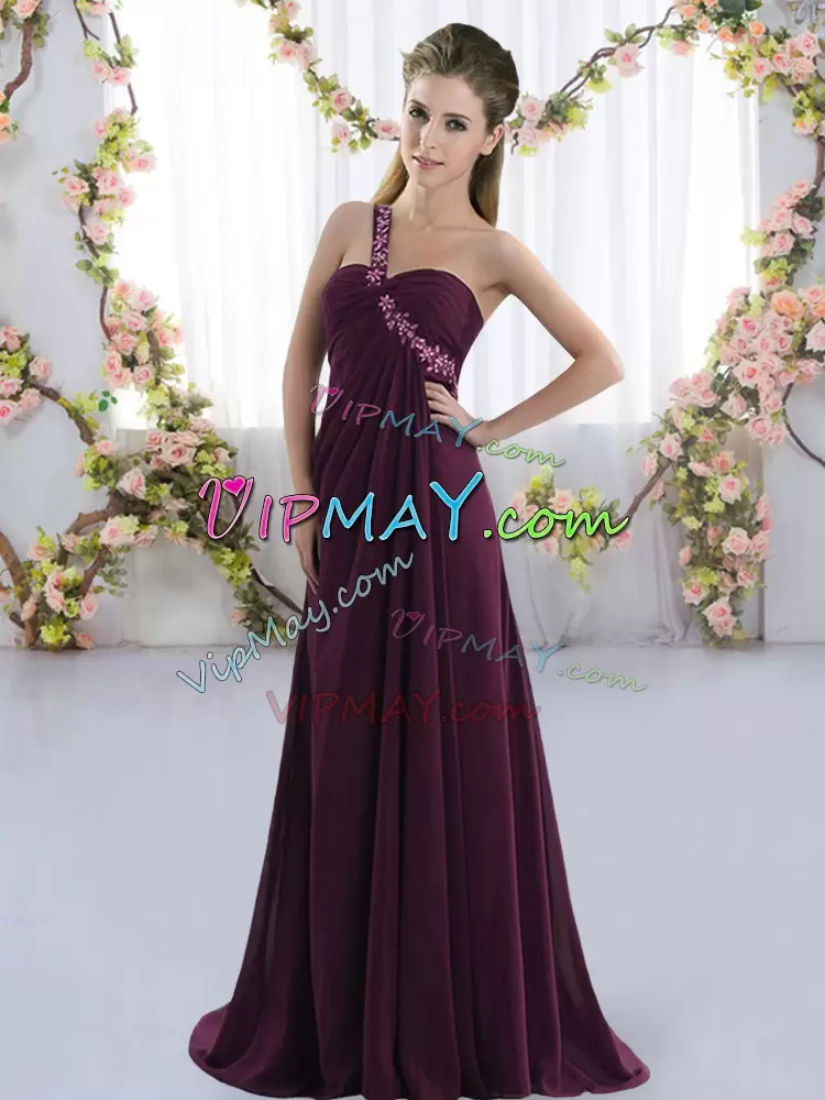 Dramatic Dark Purple Sleeveless Beading Lace Up Quinceanera Court of Honor Dress One Shoulder