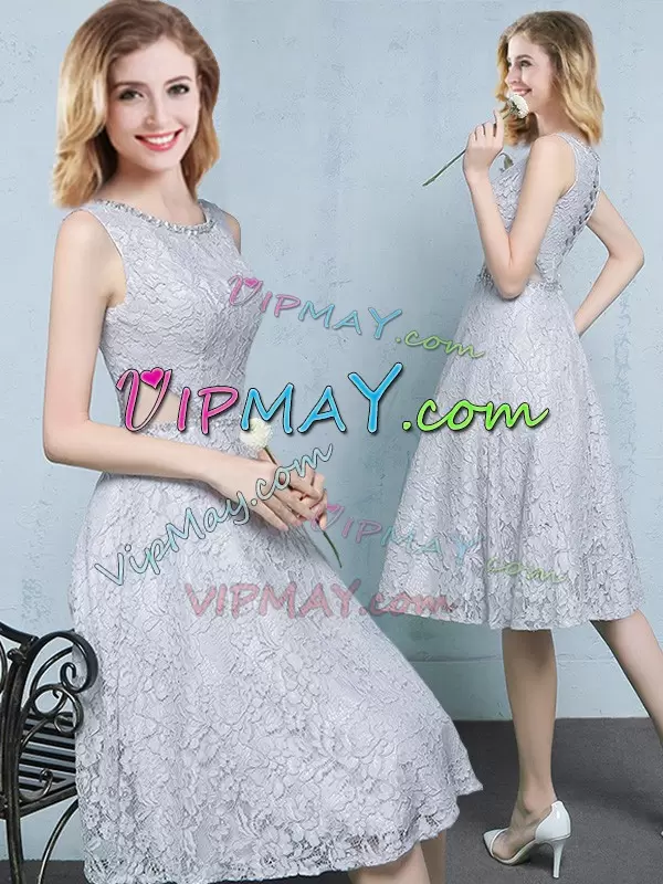 Sweet Grey Lace Lace Up Wedding Guest Dresses Sleeveless Knee Length Beading