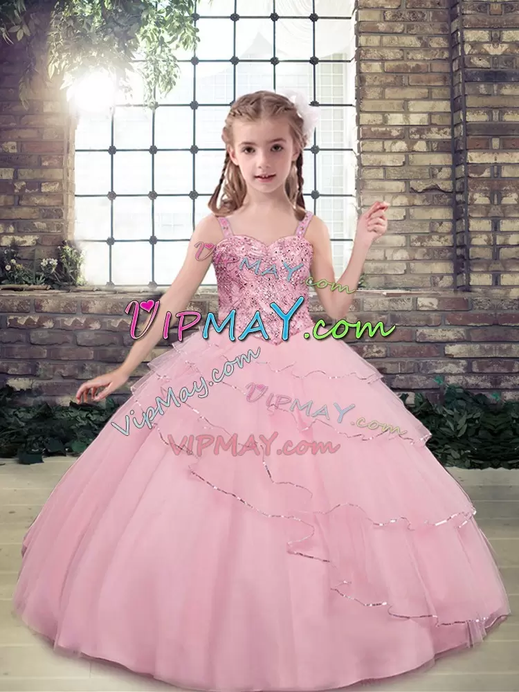 Floor Length Lace Up Little Girls Pageant Dress Wholesale Pink for Sweet 16 and Wedding Party with Beading