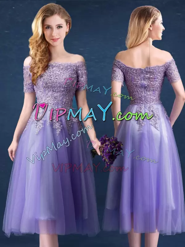 Inexpensive Off The Shoulder Short Sleeves Zipper Bridesmaid Dress Lavender Tulle Beading and Lace