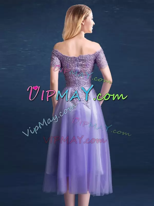 Inexpensive Off The Shoulder Short Sleeves Zipper Bridesmaid Dress Lavender Tulle Beading and Lace