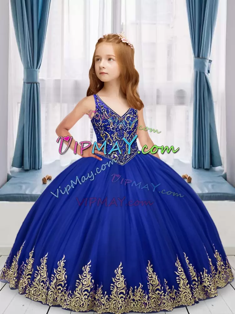 Pretty Royal Blue Sleeveless Beading and Appliques Floor Length Pageant Dress for Teens