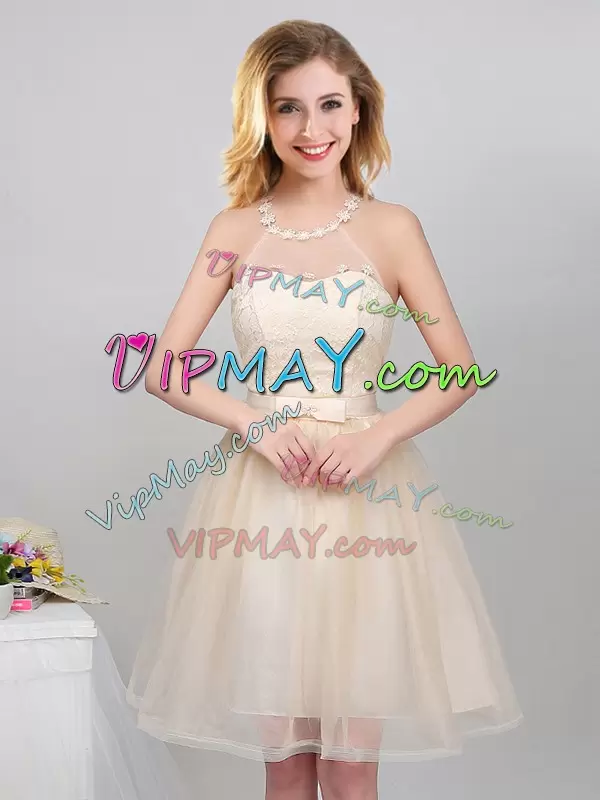 Champagne Sleeveless Lace and Appliques and Belt Mini Length Quinceanera Court Dresses