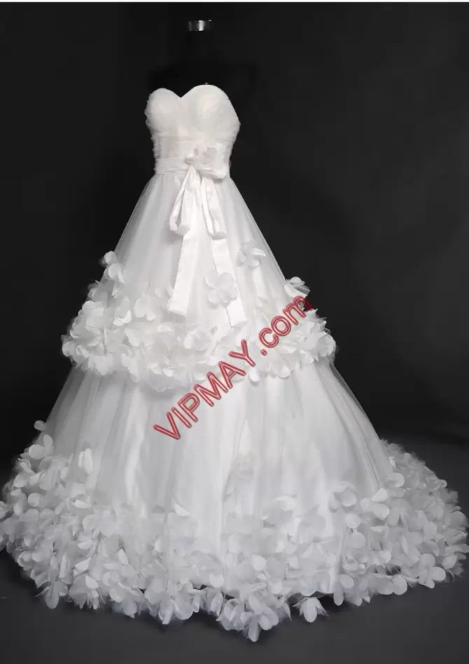 Fancy Tulle Sleeveless Wedding Dress Sweep Train and Sashes ribbons and Bowknot and Hand Made Flower