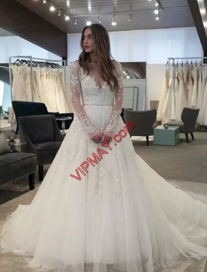 Long Sleeves V-neck Sweep Train Lace Up Appliques and Belt Wedding Dress V-neck