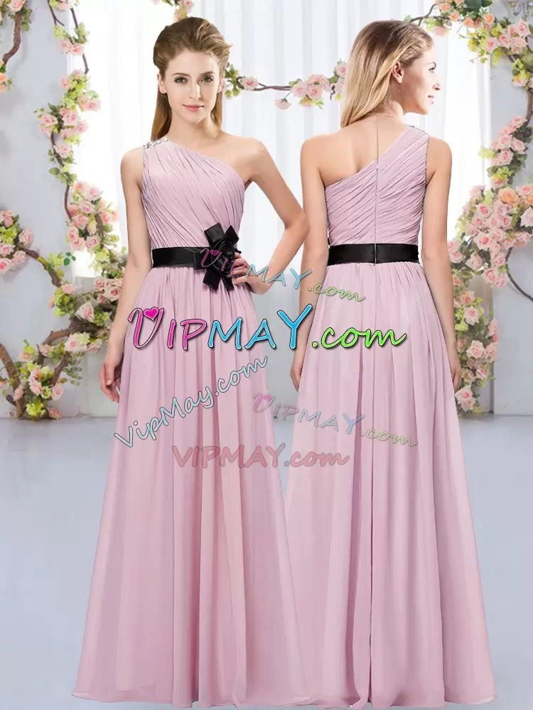 Elegant Pink Bridesmaid Dress Wedding Party with Belt One Shoulder Sleeveless Zipper