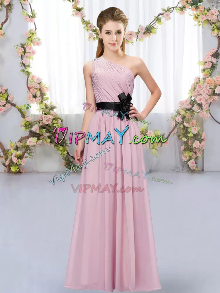 Elegant Pink Bridesmaid Dress Wedding Party with Belt One Shoulder Sleeveless Zipper