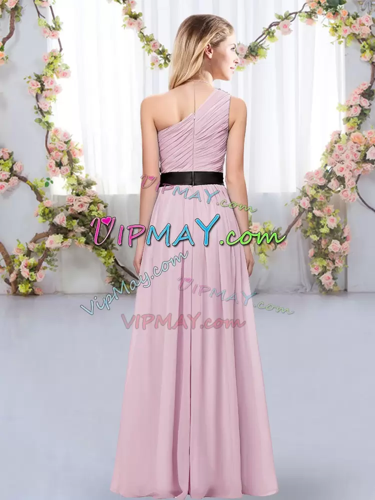 Elegant Pink Bridesmaid Dress Wedding Party with Belt One Shoulder Sleeveless Zipper