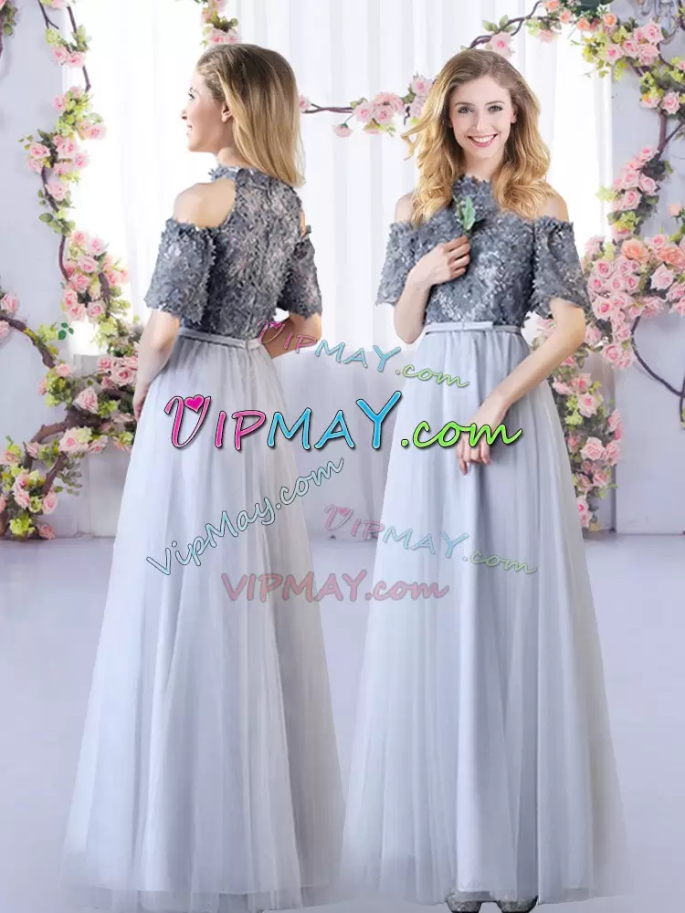Simple Grey Short Sleeves Appliques Floor Length Wedding Guest Dresses