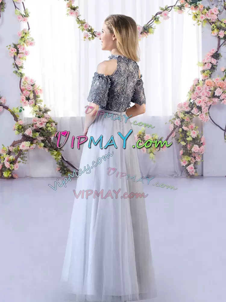 Simple Grey Short Sleeves Appliques Floor Length Wedding Guest Dresses