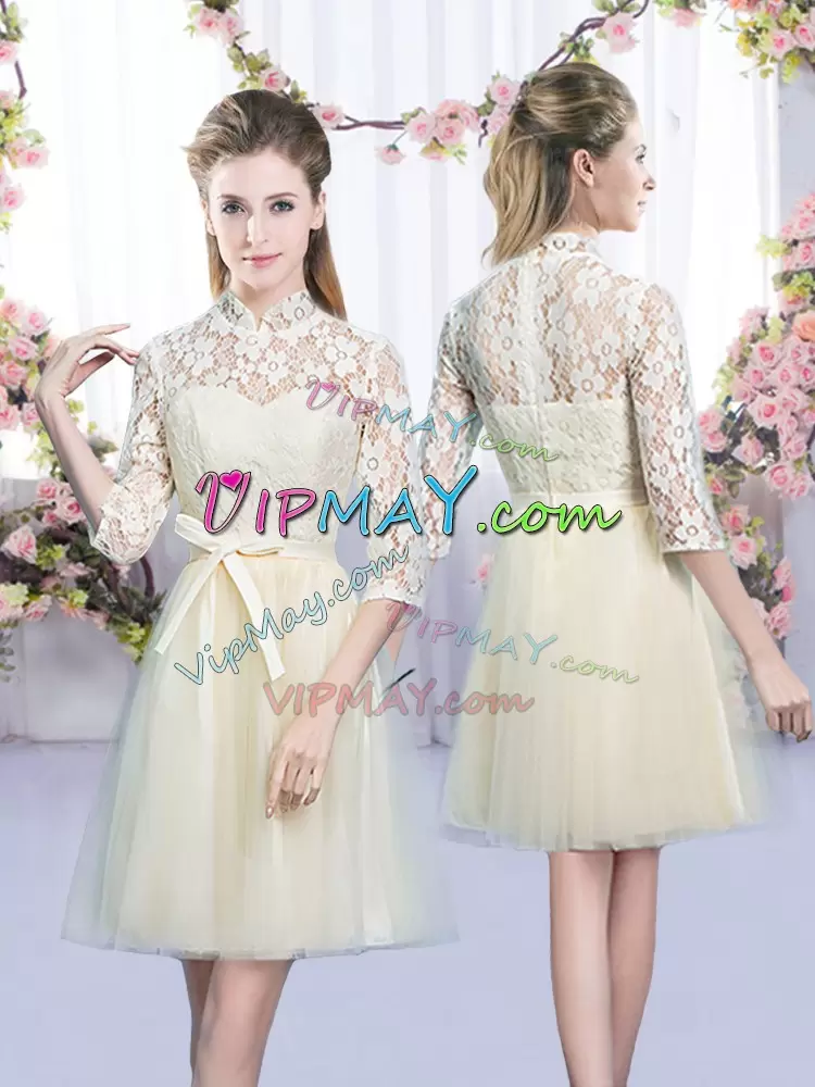 Champagne High-neck Neckline Bowknot Wedding Guest Dresses Half Sleeves Lace Up