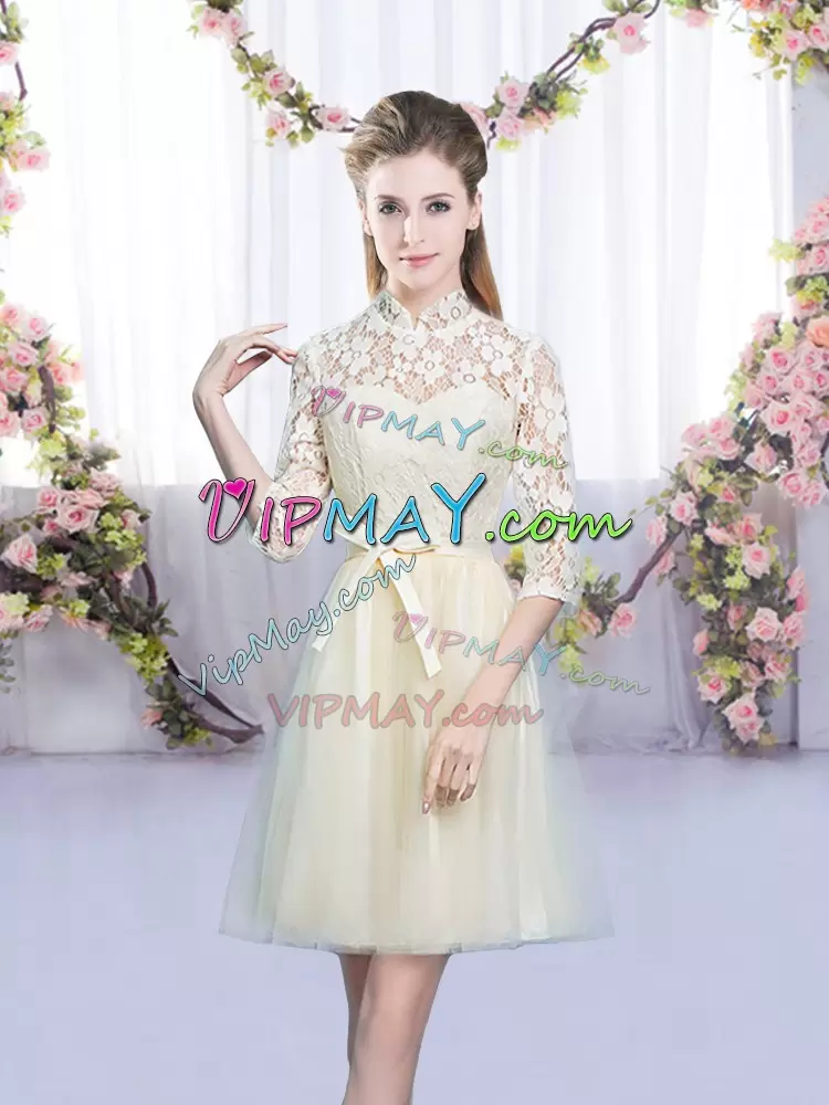 Champagne High-neck Neckline Bowknot Wedding Guest Dresses Half Sleeves Lace Up