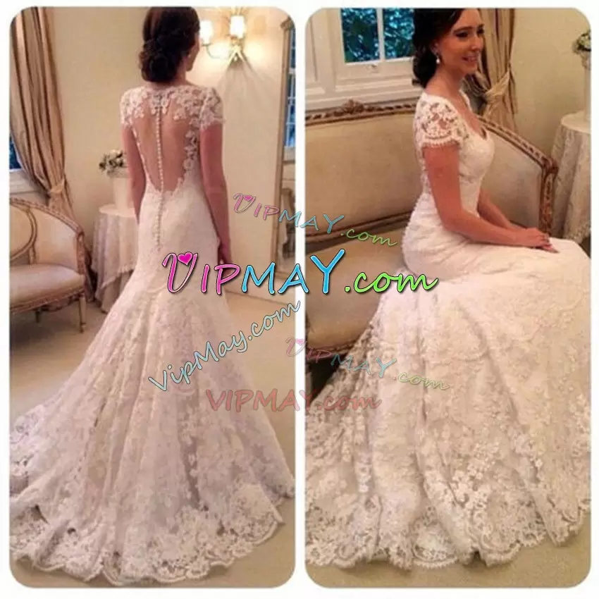 White Mermaid Lace V-neck Short Sleeves Lace With Train Zipper Wedding Gown Brush Train