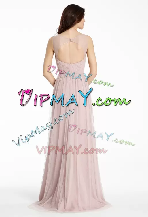 Dynamic Pink Zipper V-neck Beading and Ruching Bridesmaid Dress Tulle Sleeveless