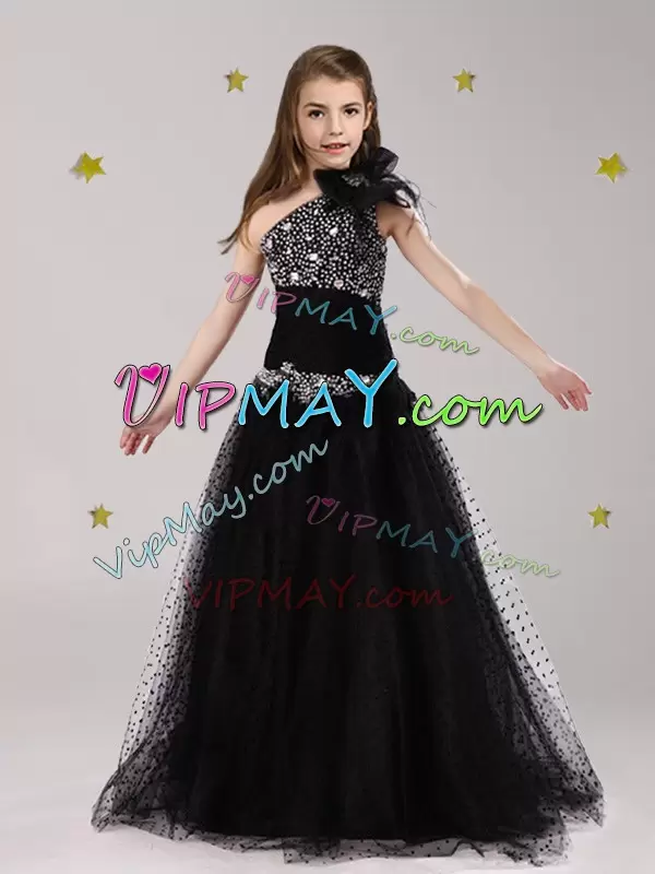 Edgy Black One Shoulder Zipper Beading and Bowknot Toddler Flower Girl Dress Sleeveless