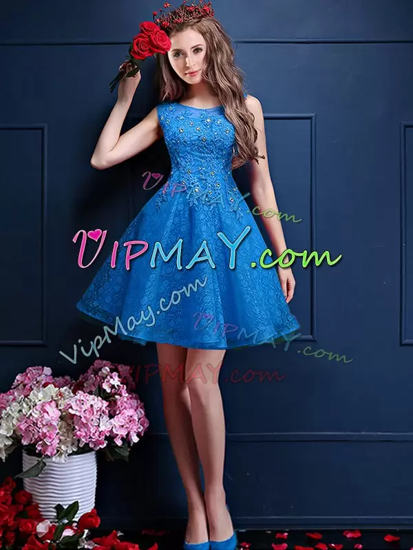 Customized Blue A-line Tulle Bateau Sleeveless Beading and Lace Knee Length Lace Up Bridesmaid Gown