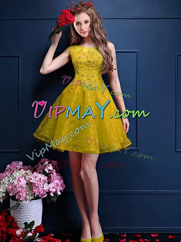 Yellow A-line Beading and Lace Wedding Party Dress Lace Up Tulle Sleeveless Knee Length